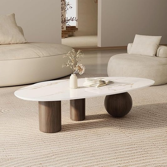 Modern Oval Coffee Table for Living Room, 54" Sintered Stone Cloud Coffee Tabletop with 3 Metal Legs, Minimalist Living Room Table Tea Table Center Table for Home Office
