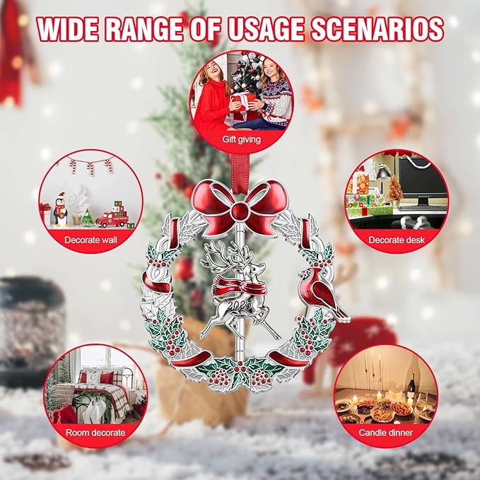 Christmas Ornament 2025 for Xmas Tree Hanging Decorations - 2025 Deer Christmas Wreath Ornament with Rotatable Reindeer for Holiday Decoration Keepsake Gift Lover Friends Family