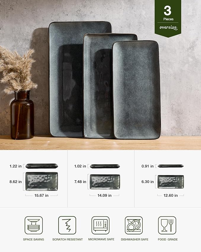 famiware Serving Platter, Rectangular 15.67/14.1/12.6inch Serving Dishes for Entertaining, Dishwasher Safe, Stoneware for Party, Food, Turkey, Snack, Cheese, Reactive Glaze, Deep Forest