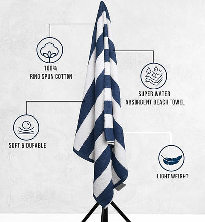 Utopia Towels 4 Pack Cabana Stripe Beach Towel Oversized 100% Ring Spun Cotton Beth Towels Highly Absorbent Quick, Navy