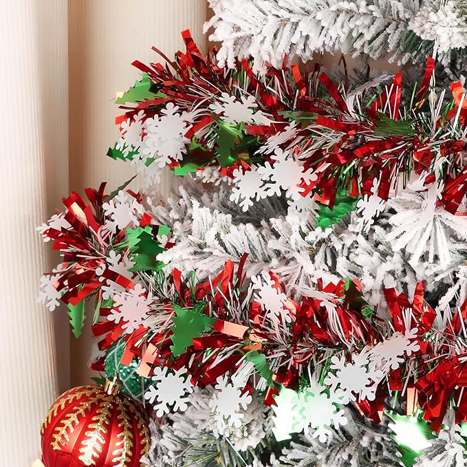 LOAVER 33 FT Christmas Tinsel Garland with Snowflake Christmas Tree,Green Red Metallic Tinsel Twist Garland Shiny Hanging Decoration for Xmas Tree Party Supplies Stair Railing Indoor Outdoor Decor