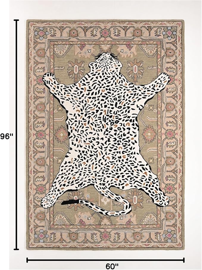 Handmade Leopard Wool Area Rug with Traditional Oushak Motif – Exquisite Animal Print Cheetah Rugs for Living Room, Bedroom | Plush Texture, Vintage Style, Thick & Durable Carpet (Neutral, 5' x 8')