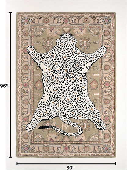 Handmade Leopard Wool Area Rug with Traditional Oushak Motif – Exquisite Animal Print Cheetah Rugs for Living Room, Bedroom | Plush Texture, Vintage Style, Thick & Durable Carpet (Neutral, 5' x 8')