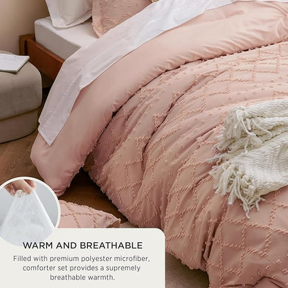 Bedsure Full Comforter Set - Coral Pink Comforter, Boho Tufted Shabby Chic Bedding for Kids, 3 Pieces Vintage Farmhouse Bed Set for All Seasons, Fluffy Soft Bedding with 2 Pillow Shams