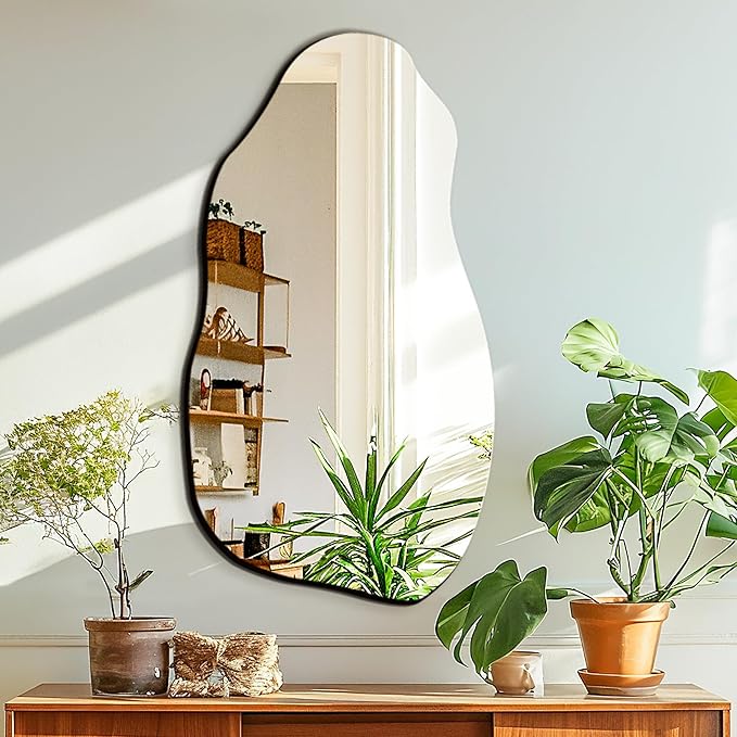 Irregular Asymmetrical Wall Mirror for Living Room Bathroom Entryway, Modern Decorative Mirror Hanging (Hook Style, 32'' x 18'')
