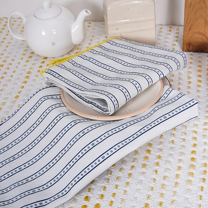TARAN LIVING Printed Kitchen Dish Bar and Tea Towels Cotton, 18x28 inch with Trims, Cotton Dish Towel Sets (Blue Stripes, Set of 6)