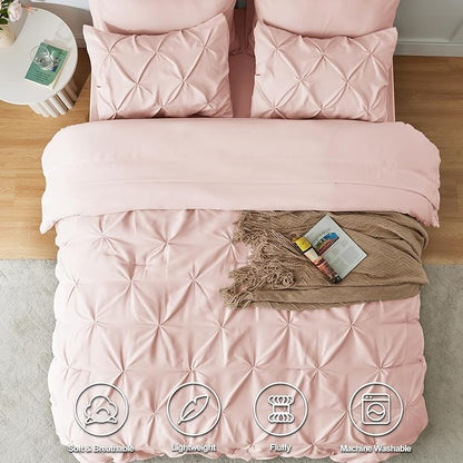 CozyLux Twin Comforter Set with Sheets Blush Pink, 5 Pieces Pintuck Bed in A Bag, Twin Bed Set Gift for Family, Pinch Pleat Bedding Set with Comforter, Sheets, Pillowcase & Sham