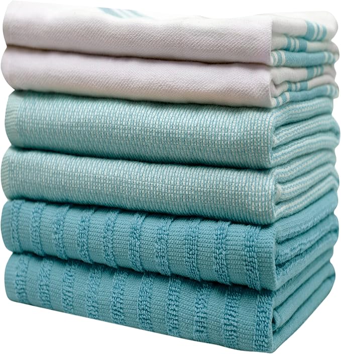 Premium Kitchen Towels 6 Pack Large Cotton Hand Towels Flat Terry Absorbent Tea Towels with Hanging Loop Wide Stripe Aqua 20x28