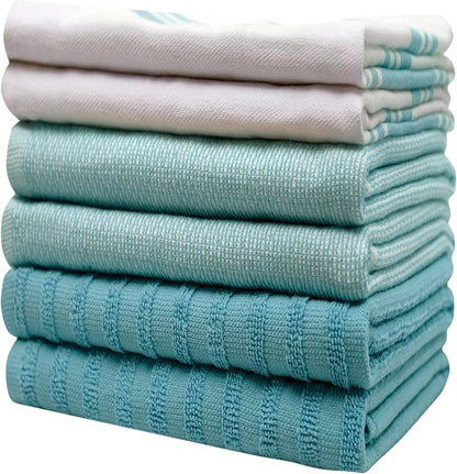 Premium Kitchen Towels 6 Pack Large Cotton Hand Towels Flat Terry Absorbent Tea Towels with Hanging Loop Wide Stripe Aqua 20x28