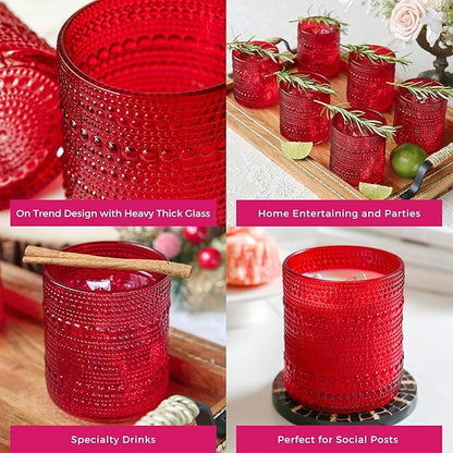 Kate Aspen Red Hobnail Vintage Drinking Glasses Set of 6-10 oz Beaded Glassware for Cocktails, Tea, Water, Juice | Ribbed Retro Glass Cups for Entertaining, Gift Giving or Bar Decor