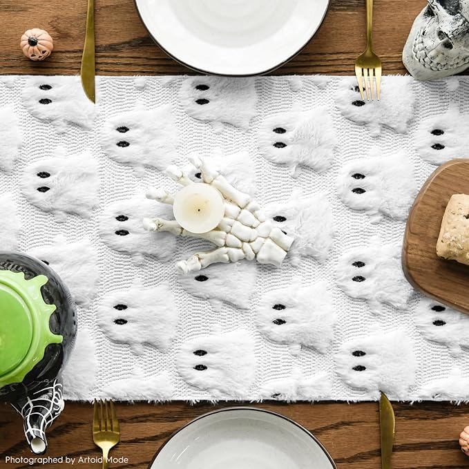 Artoid Mode Ghost Soft Plush Faux Fur Jacquard Halloween Table Runner, Holiday Kitchen Dining Table Decoration for Home Party Decor 13x90 Inch
