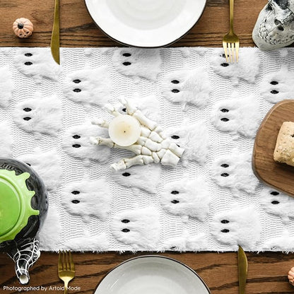 Artoid Mode Ghost Soft Plush Faux Fur Jacquard Halloween Table Runner, Holiday Kitchen Dining Table Decoration for Home Party Decor 13x90 Inch
