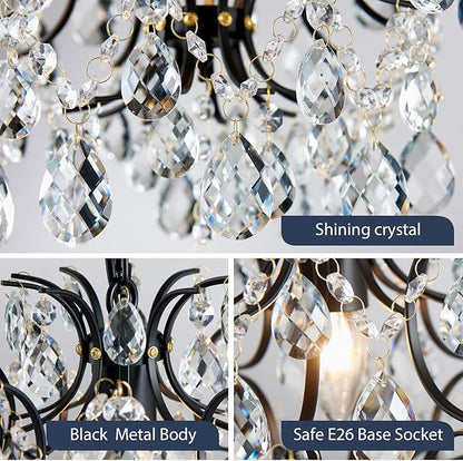 Bestier Black Modern Pendant Chandelier Crystal Raindrop Lighting Ceiling Light Fixture Lamp for Dining Room Bathroom Bedroom Livingroom entryway 1 E26 Bulbs Required D13 in x H16 in
