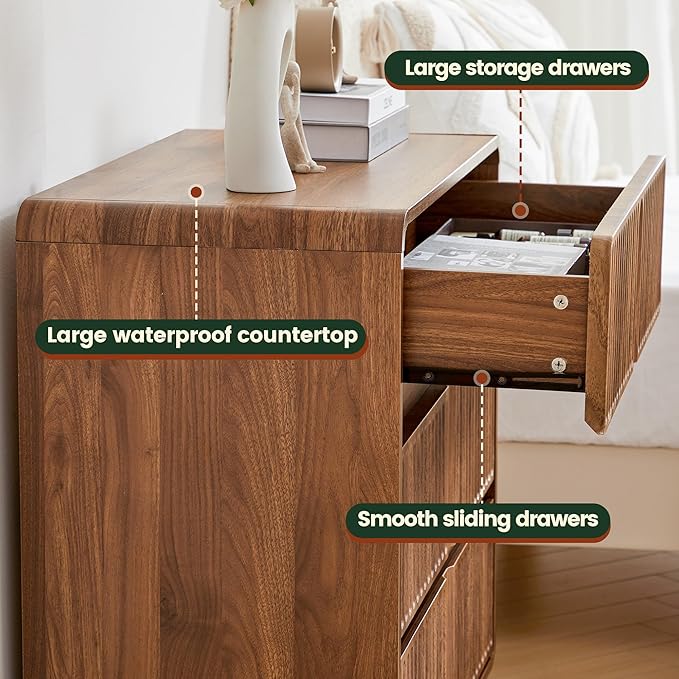 Turtle&Myrtle Fluted 3 Drawer Dressers for Bedroom, 31.5" Wide Large Mid Century Modern Nightstand W/3 Storage Drawers, Wood Dresser & Chest of Drawers with Curved Profile for Living Room (Walnut)