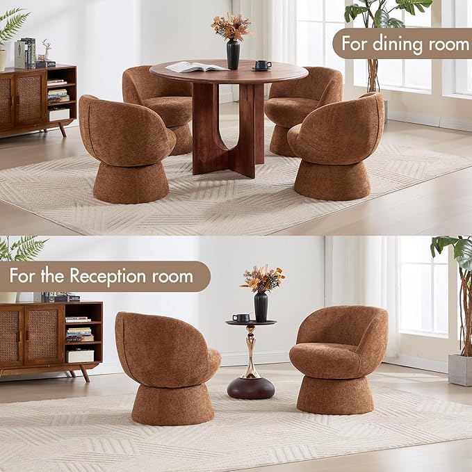 360° Swivel Accent Chair with Curved Back, Modern Brown Chenille Upholstered Round Barrel Chair, Bucket Armchair for Small Space,Living Room, Bedroom