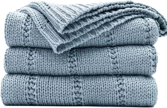 RECYCO Cable Knit Blue Throw Blanket, Super Soft Warm Cozy Decorative Knitted Throw Blanket 2.3LB for 50"x60"