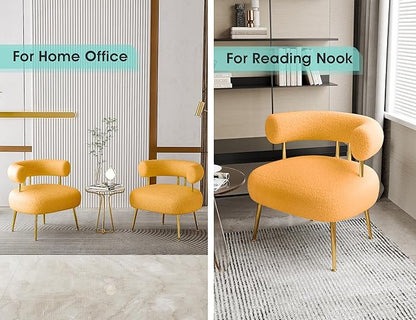 Mid Century Sherpa Boucle Accent Chair, Round Upholstered Barrel Arm Chair for Small Spaces, Fluffy Side Corner Chair for Living Room, Bedroom, Vanity, Office, Reading Nook(Yellow)
