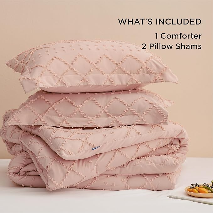 Bedsure Full Comforter Set - Coral Pink Comforter, Boho Tufted Shabby Chic Bedding for Kids, 3 Pieces Vintage Farmhouse Bed Set for All Seasons, Fluffy Soft Bedding with 2 Pillow Shams