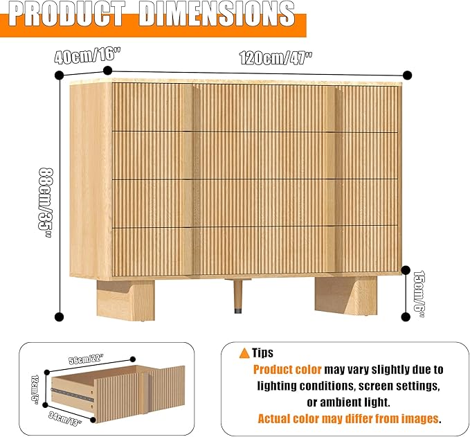 Fluted Dresser for Bedroom with 8 Drawers,47" Wide Modern Chest of Drawers with Wooden Handle, Wooden Dresser TV Stand, Wood Closet Clothes Storage Organizer for Living Room, Hallway, Light Oak