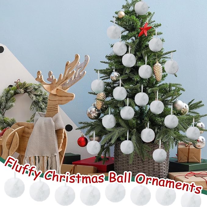 24 Pcs White Furry Christmas Ball Ornaments for Tree 3.94 Inches Large Pom Pom Ball Christmas Hanging Decoration for Party Supplies Fireplace Mantel Wall Decor