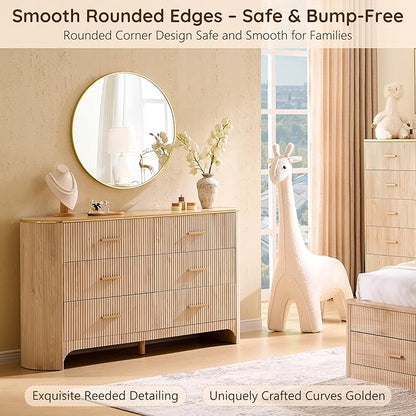 Fluted 6 Drawer Dresser for Bedroom with Curved Profile Design,53.9" W Chest of Drawers with Reeded Texture,Wide Storage Cabinet with Smooth-Glide Drawers,gold metal handle or Living Room,Light Oak