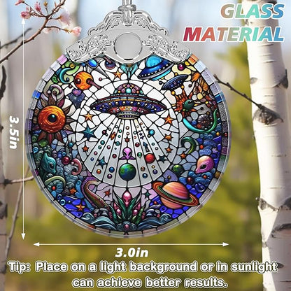 Stained Glass UFO and Alien Christmas Ornament - Holiday Home Decor - Tree Decoration - Gift Exchange Idea
