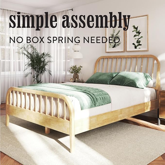 DG Casa Wesley Solid Wood Full Size Bed Frame - Mid Century Modern Style, Platform with Spindle Headboard and Footboard, No Box Spring Required, Natural Finish