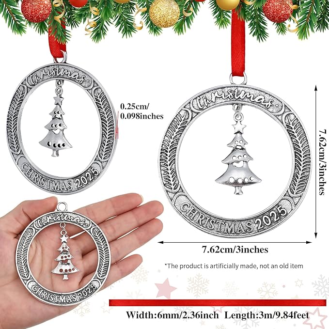 Jinei 6 Pcs Christmas Wreath Ornament Bulk 2025 Solid Pewter Christmas Ornament with Rotatable Tree Metal for Xmas Decorative Holiday Keepsake Gift (Xmas Tree)