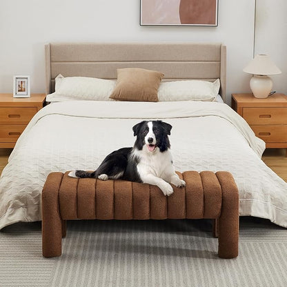 43’’ End of Bed Bench, Modern Boucle Entryway Bench, Upholstered Ottoman Stool with Full Coverage Fabrics, Ottoman for Bedroom, Living Room, Dining Room, Rust Brown