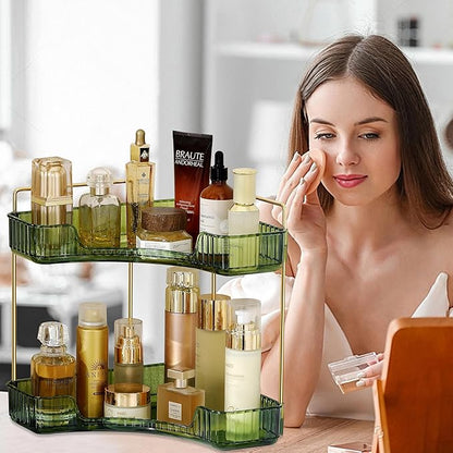 Corner Bathroom Counter Organizer Bathroom Countertop Shelf Makeup Organizer for Vanity Perfume Corner Storage (2 Tiers, Green)