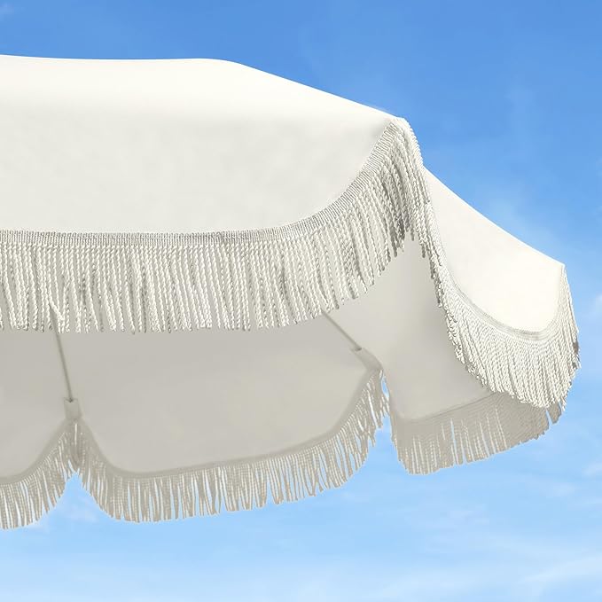 6.5ft Patio Umbrella with Fringe, Beach Umbrella, Fringe Umbrella Outdoor Patio with Hanging Hook, Tilting Aluminum Pole, UV 50+, Fiberglass Ribs, Elegant Cream