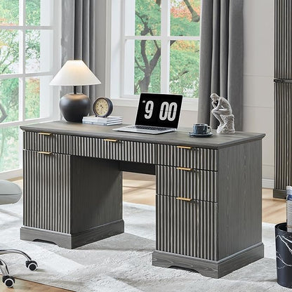 JXQTLINGMU 58" Modern Executive Desk with Storage, Wood Home Office Desk with Drawer & Cabinet, Fluted Computer Writing Desk for Study, Living Room, Bedroom, Grayish Green