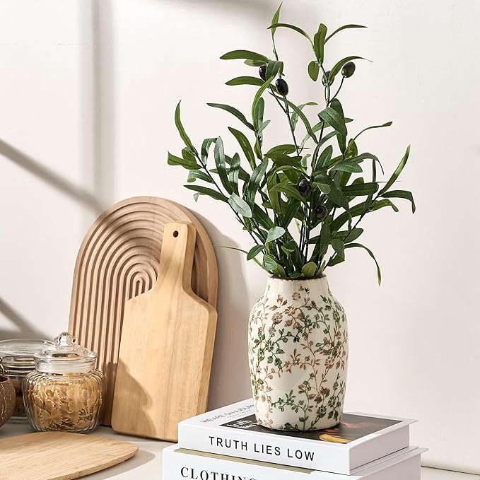 SIDUCAL Ceramic Green and Beige Antique Vase, 7 Inch Retro Ice Cracked Chinoiserie Floral Vase, Rustic Farmhouse Vases for Home Decor, Bookshelf, Office, Garden, Chinoiserie Decor, Tuscan Decor