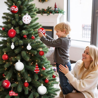 DeckTheHalls 42 Pcs Christmas Ornaments, Various Styles of Christmas Ball Ornaments, Shatterproof Christmas Balls for Holiday Xmas Tree Decor, Hanging Ornament for Indoor Decoration (Red & White)