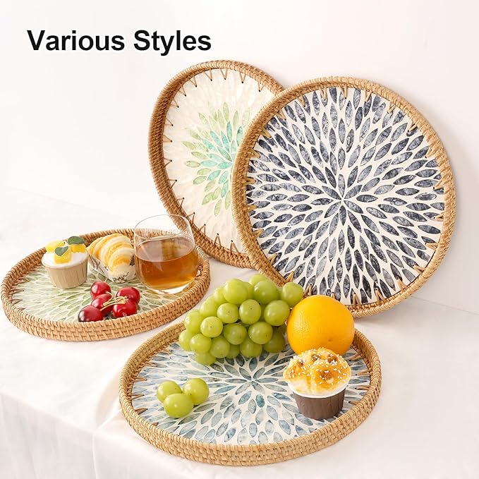 Round Rattan Tray with Mother of Pearl Inlay, Rattan Serving Tray for Coffee, Bread, Fruits, Decorative Wicker Tray for Table Decor, Home Decor, Kitchen Island Decor (Light Blue Leaf, 11.8")