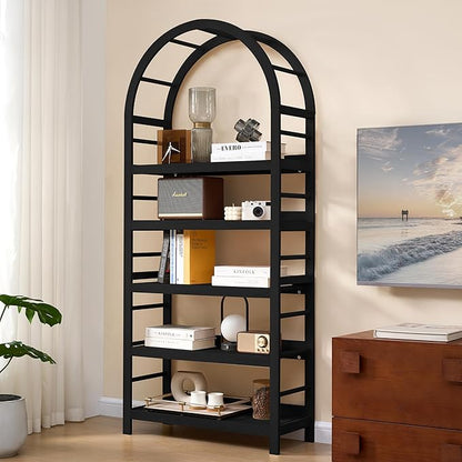 5-Tier Solid Wood Open Bookcase, Modern Arched Bookshelf, Home Office Shelf Storage Organizer, Storage Display Rack Shelf for Living Room (Black)