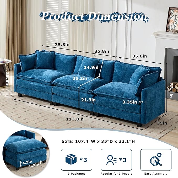 SoarFlash 107.4" Chenille Sectional Sofa, Comfy Modular Loveseat Sofa, Modern 3-Seat Couch Deep Seat Sofa Set for Living Room,Blue