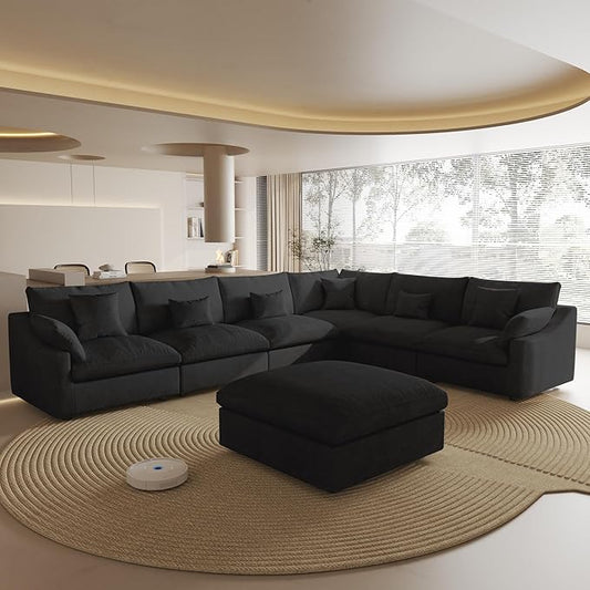 Cloud Couch for LivingRoom,153" U Shaped Modular Sectional Couch with Storage Ottoman,Down Filled 7 Seater Convertible Sleeper Sofa Bed Oversized Furniture,Black