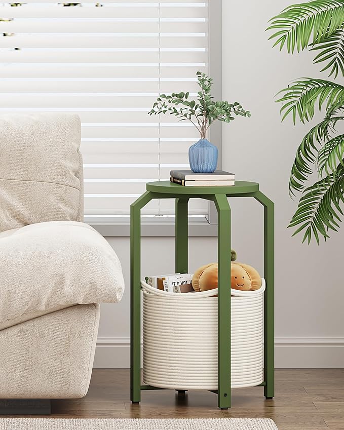 TUTOTAK Small Side Table, Round End Table, Night Stand, Bedside Table, Sofa Table with Storage Basket, Living Room, Bed Room, Olive Green TB01BOG0922