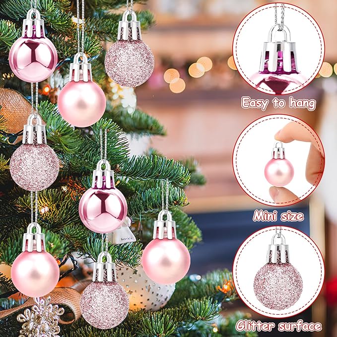 Jansun 60PCS Pink Christmas Mini Balls Ornaments Miniature Xmas Tree Hanging Decorations Small Vintage Glitter Balls for Holiday Party Outdoor Indoor DIY Craft Decor Supplies