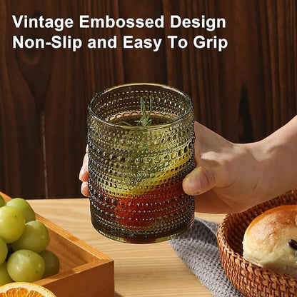 Vintage Hobnail Drinking Glasses Set of 8 Green 12 oz & 15oz Highball Glass Cups Kitchen Drinkware Glassware Embossed