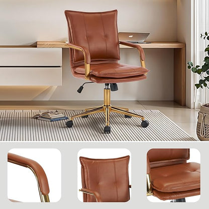 MOJAY Mid-Back Ergonomic Leather Office Chair, Modern Upholstered Executive Desk Chair with Gold Frame Armrest Computer Task Chair (Caramel)