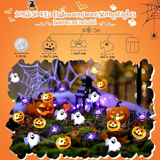 Coquimbo Halloween Decorations Indoor Lights: 10FT 30 LED Pumpkin Bat Ghost Decor Battery Operated String Lights for Indoor Outdoor Halloween Party Bedroom Decorations
