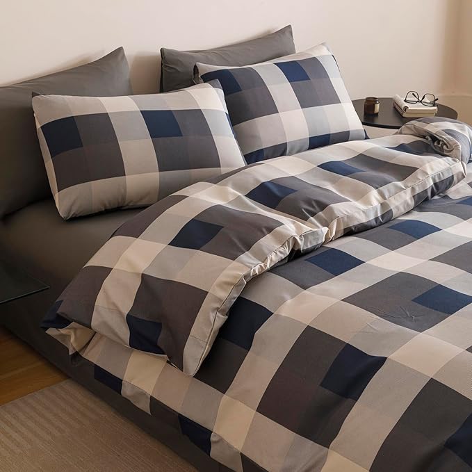 CLOTHKNOW Buffalo Plaid California King Comforter Set 3Pcs Tartan Bedding Comforter Sets Blue Grey Khaki Brown Beige Geometric Comforter Cal King Sets with 2 Pillowcases
