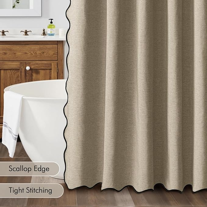 MIULEE Khaki Scalloped Shower Curtain Linen Textured with 12 Metal Hooks Cute Heavy Duty Washable Waterproof Thick Cloth Shower Curtains with Black Border for Bathroom Hotel Bathtub,W72*L72