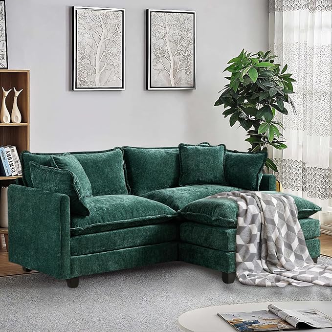 SoarFlash Chenille 71.6" Sectional Sofa, Comfy L Shaped Modular Coush Sofa with Ottoman, Modern 2 Seat Couch Deep Seat Sofa Set for Living Room,Green