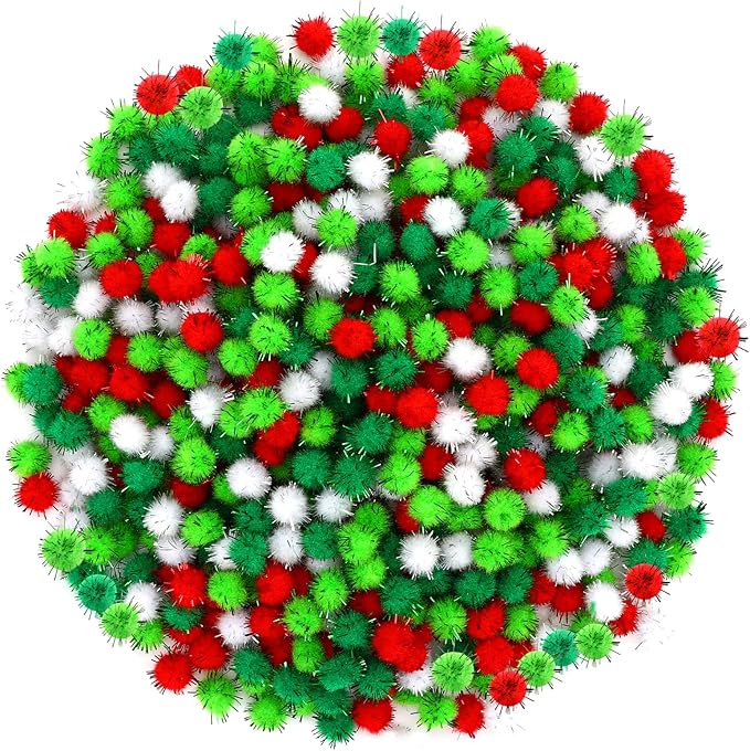 SEPGLITTER Christmas Pom Poms Balls, 1000 Pieces Glitter Red Light Green White Pompoms Pom Poms for Crafts Making DIY Holiday Christmas Decorations Supplies (4colors, 1.2cm )