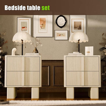 Fluted Night Stand with Charging Station, 22" Tall END Table with 2 Large Storage Drawers and 2 Widened Reinforced Legs, Modern Bedside Table for Bedroom, Living Room, Whitewashed Oak