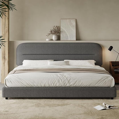 King Size Bed Frame, Boucle Upholstered and Headboard, Soft King with Thickened Footboard, Rounded Corners, No Box Spring Needed, Easy Assembly, Grey