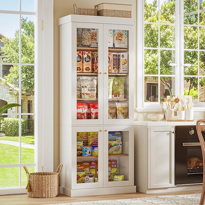 Vyre 70.8" Tall Farmhouse Bookshelf with Glass Doors, Modular Bookcase with 6-Tier Adjustable Shelves, Large Storage Cabinet for Kitchen, Living Room, White, Set of 3